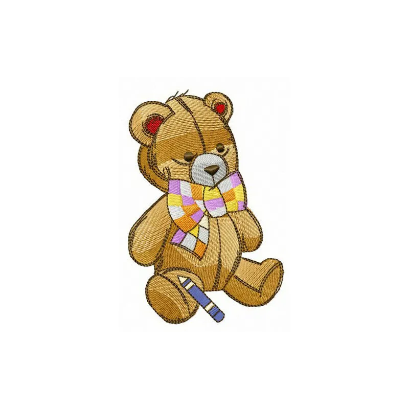 Teddy bear and crayon embroidery design featuring a cute bear holding a crayon, perfect for children's items.