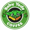 Baby Yoda coffee embroidery design featuring the beloved character with a coffee cup, perfect for baby onesies.