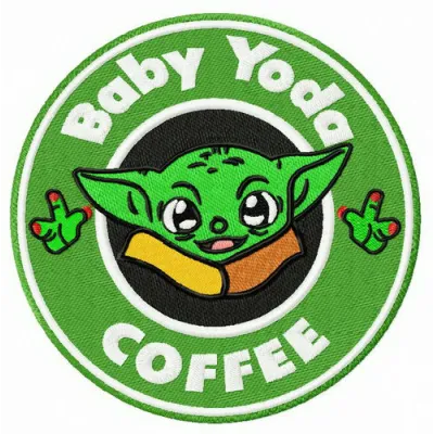 Baby Yoda coffee embroidery design featuring the beloved character with a coffee cup, perfect for baby onesies.