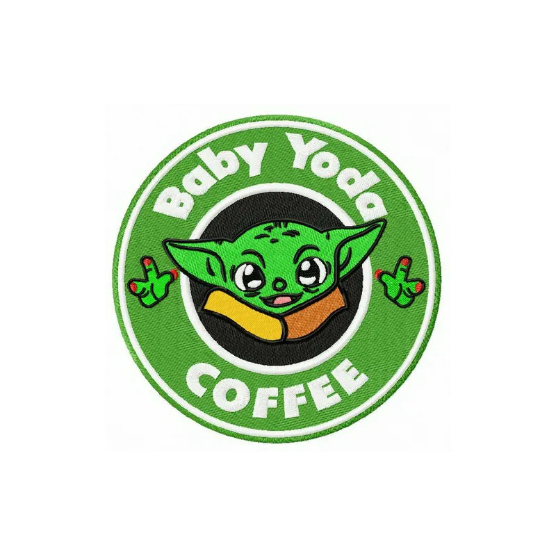 Baby Yoda coffee embroidery design featuring the beloved character with a coffee cup, perfect for baby onesies.