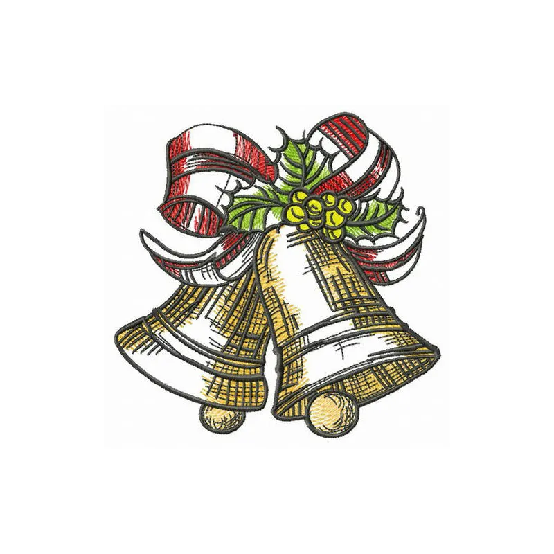 X-mas golden bells embroidery design showcasing festive motifs for holiday stitching projects.