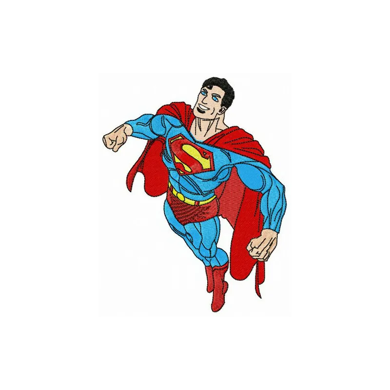 Embroidery design of Superman flying to rescue, showcasing vibrant stitching patterns for creative projects.