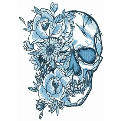 Skull among flowers embroidery design featuring intricate floral details surrounding a skull motif.