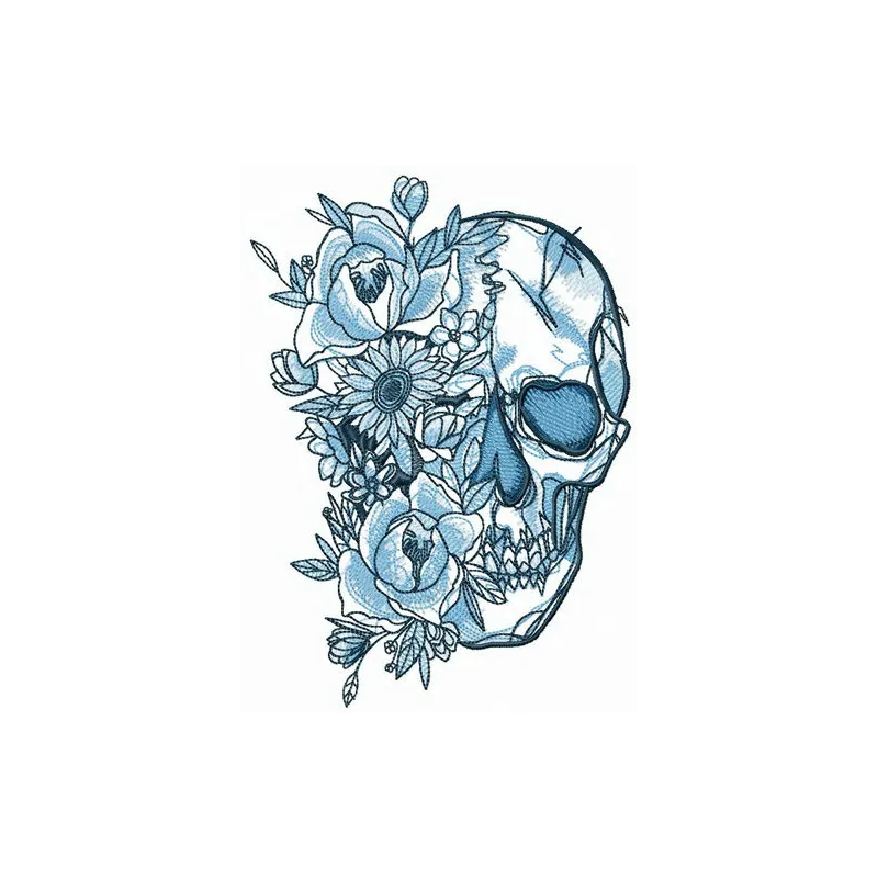 Skull among flowers embroidery design featuring intricate floral details surrounding a skull motif.
