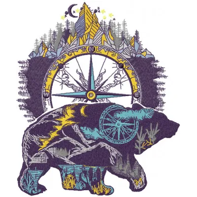 Wild bear embroidery design featuring Native American motifs, ideal for stitching on t-shirts and tote bags.