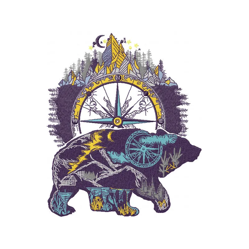 Wild bear embroidery design featuring Native American motifs, ideal for stitching on t-shirts and tote bags.
