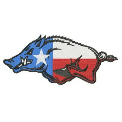 Big Red USA flag colors embroidery design featuring Arkansas Razorbacks motif for creative stitching projects.
