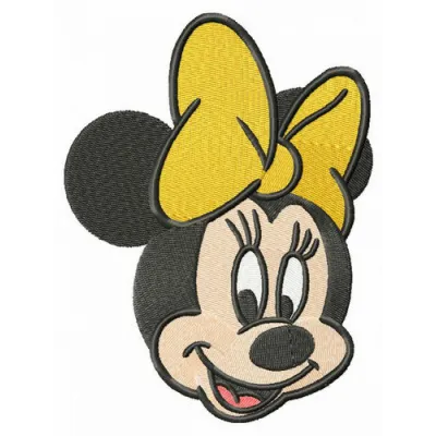 Minnie Mouse embroidery design featuring a cheerful expression and a bright yellow bow, ideal for various fabric projects.