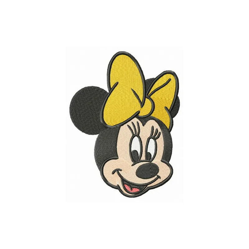Minnie Mouse embroidery design featuring a cheerful expression and a bright yellow bow, ideal for various fabric projects.