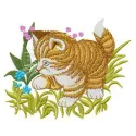 Embroidery design featuring a playful cat in grass, ideal for stitching on t-shirts or tote bags.