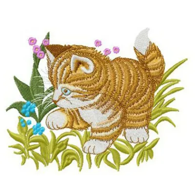 Embroidery design featuring a playful cat in grass, ideal for stitching on t-shirts or tote bags.