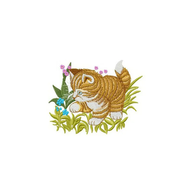 Embroidery design featuring a playful cat in grass, ideal for stitching on t-shirts or tote bags.