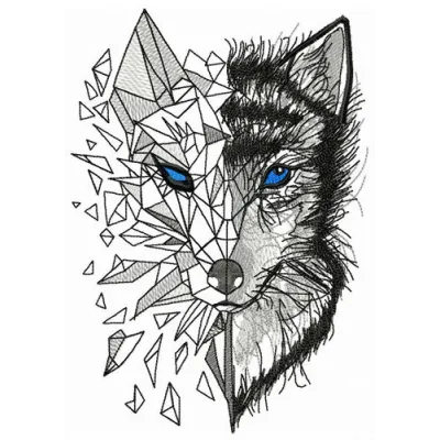 Mosaic wolf embroidery design showcasing a stunning wolf motif, perfect for creative stitching on apparel and home decor.