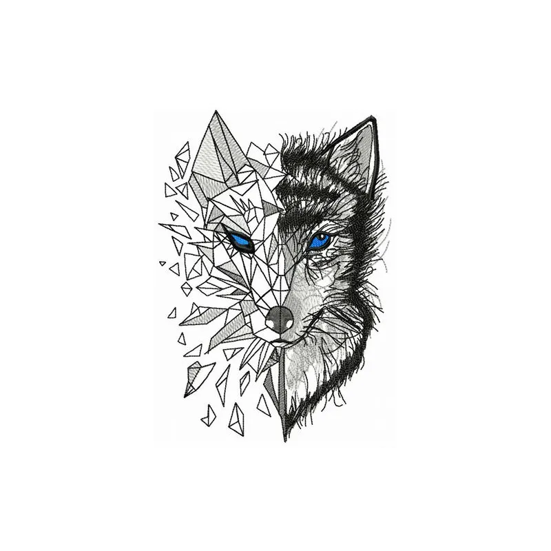 Mosaic wolf embroidery design showcasing a stunning wolf motif, perfect for creative stitching on apparel and home decor.