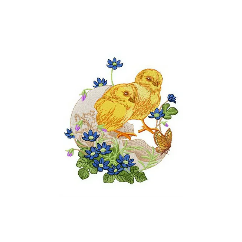 Chicks hatched embroidery design featuring adorable baby chicks, perfect for adding charm to farm-themed projects.