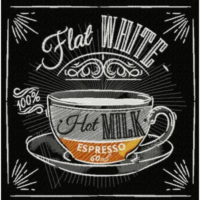 Flat white embroidery design featuring a steaming coffee cup, ideal for embellishing kitchen towels or tote bags.