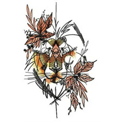 Autumn lion embroidery design featuring a majestic lion surrounded by fall leaves and warm colors.