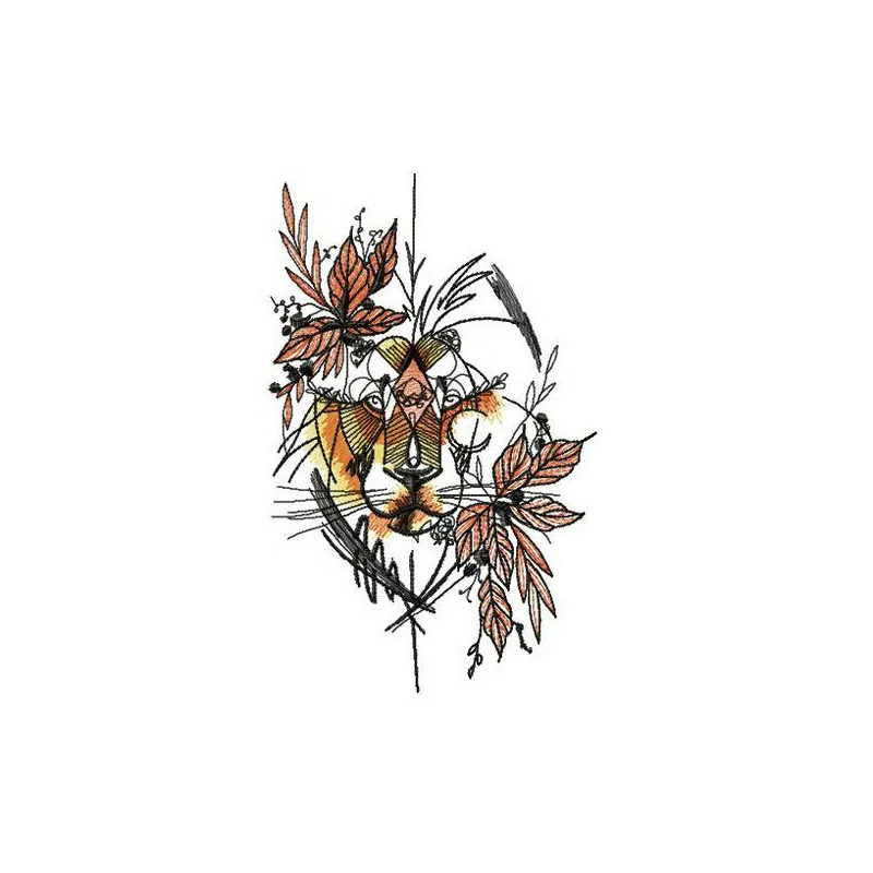 Autumn lion embroidery design featuring a majestic lion surrounded by fall leaves and warm colors.