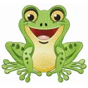 Laughing frog embroidery design showcasing a playful frog motif perfect for embellishing various items.