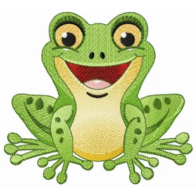 Laughing frog embroidery design showcasing a playful frog motif perfect for embellishing various items.
