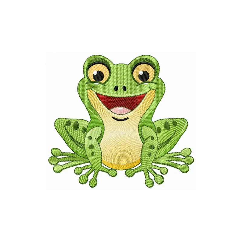 Laughing frog embroidery design showcasing a playful frog motif perfect for embellishing various items.