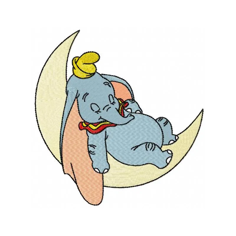 Sleeping Dumbo embroidery design featuring a whimsical elephant, ideal for baby onesies or nursery decor.