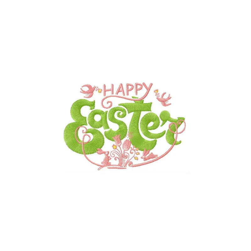 Happy Easter composition embroidery design featuring festive motifs, perfect for decorating t-shirts and tote bags.