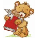 Embroidery design of a bear holding a chocolate bar, perfect for stitching on baby onesies or tote bags.