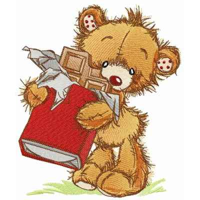 Embroidery design of a bear holding a chocolate bar, perfect for stitching on baby onesies or tote bags.