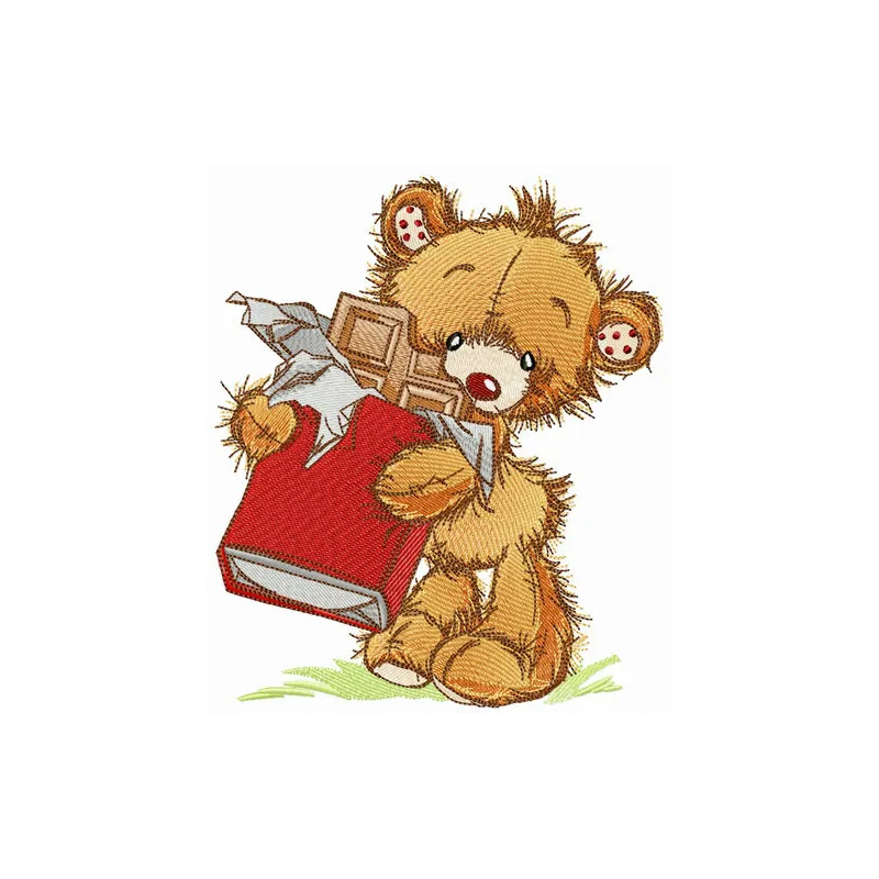 Embroidery design of a bear holding a chocolate bar, perfect for stitching on baby onesies or tote bags.