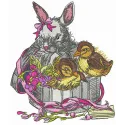 Embroidery design featuring a charming box with a bunny and ducklings, perfect for crafting projects.