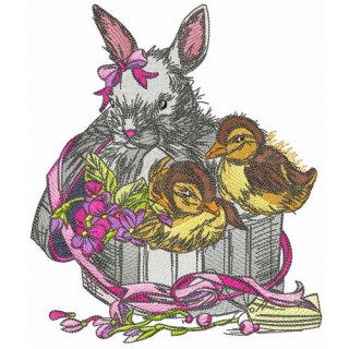 Box with bunny and ducklings embroidery design - Embroidery Design