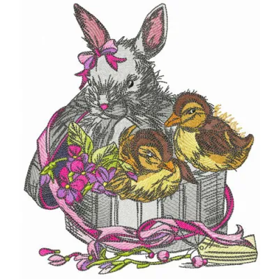 Embroidery design featuring a charming box with a bunny and ducklings, perfect for crafting projects.