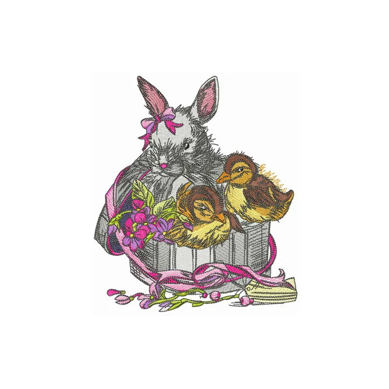Embroidery design featuring a charming box with a bunny and ducklings, perfect for crafting projects.