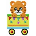 Preview of a whimsical tiger in a cart embroidery design, showcasing vibrant stitching patterns for creative projects.