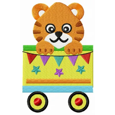 Preview of a whimsical tiger in a cart embroidery design, showcasing vibrant stitching patterns for creative projects.