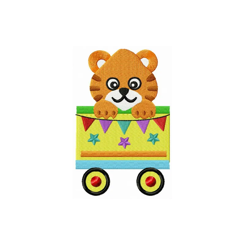 Preview of a whimsical tiger in a cart embroidery design, showcasing vibrant stitching patterns for creative projects.