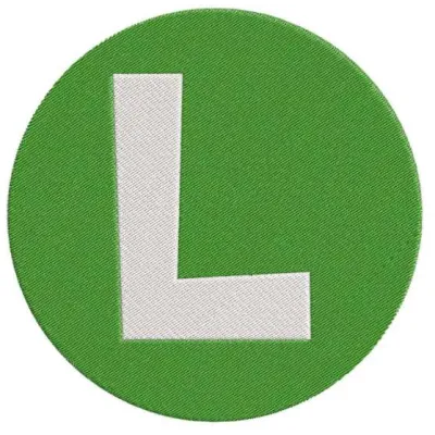 Embroidery design of the Super Mario Bros Luigi logo L, showcasing vibrant colors for creative stitching projects.