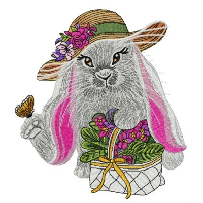 Lady bunny embroidery design featuring a charming rabbit motif, ideal for stitching on t-shirts and tote bags.
