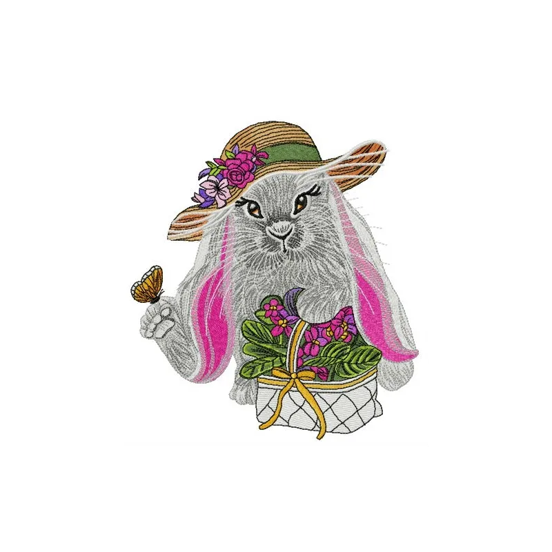 Lady bunny embroidery design featuring a charming rabbit motif, ideal for stitching on t-shirts and tote bags.