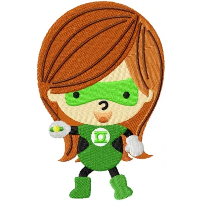 Charming Green Lantern chibi girl embroidery design showcasing vibrant details for creative stitching projects.