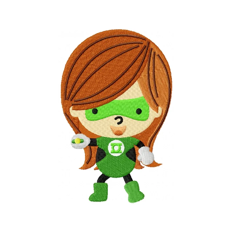 Charming Green Lantern chibi girl embroidery design showcasing vibrant details for creative stitching projects.