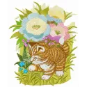Hiding in garden flowers embroidery design featuring a playful cat among vibrant floral motifs.