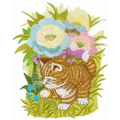 Hiding in garden flowers embroidery design featuring a playful cat among vibrant floral motifs.