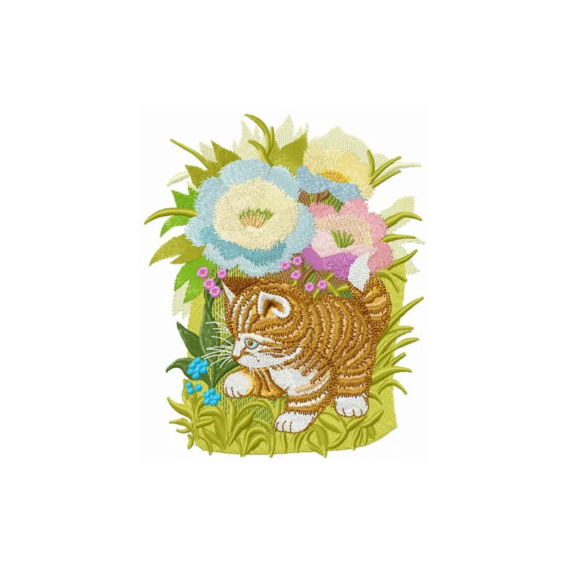 Hiding in garden flowers embroidery design featuring a playful cat among vibrant floral motifs.