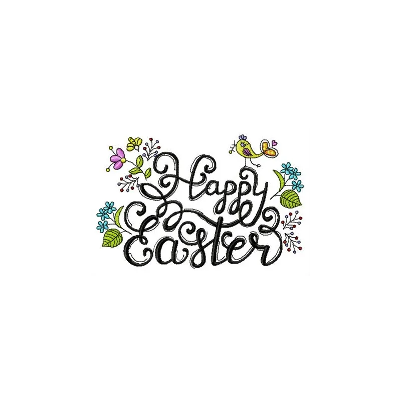 Happy Easter phrase embroidery design showcasing a cheerful message, perfect for holiday-themed projects.