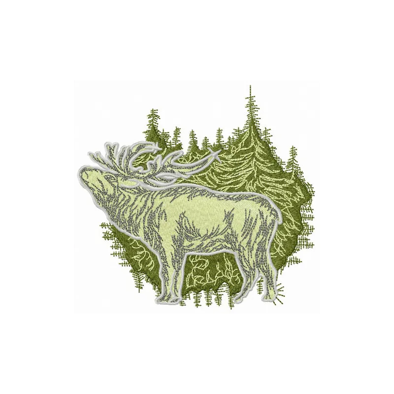 Deer in forest embroidery design showcasing a charming woodland scene for creative stitching projects.