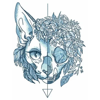 Preview of a unique dead and alive cat embroidery design featuring whimsical elements for creative stitching.