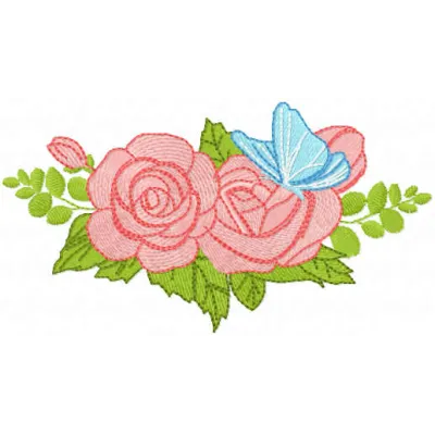 Embroidery design featuring two roses and a butterfly, perfect for embellishing various fabric items.