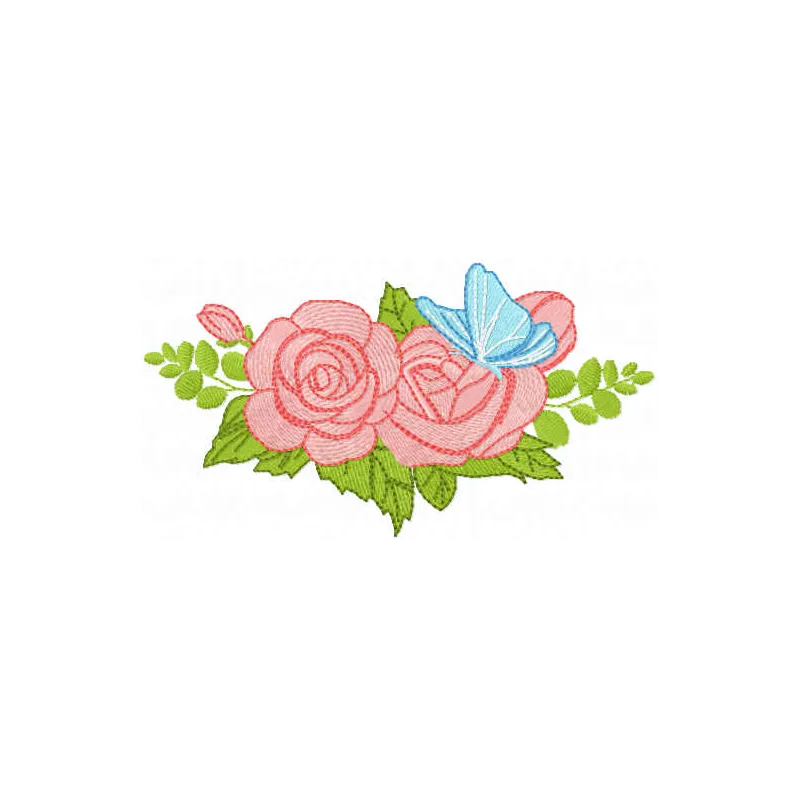 Embroidery design featuring two roses and a butterfly, perfect for embellishing various fabric items.